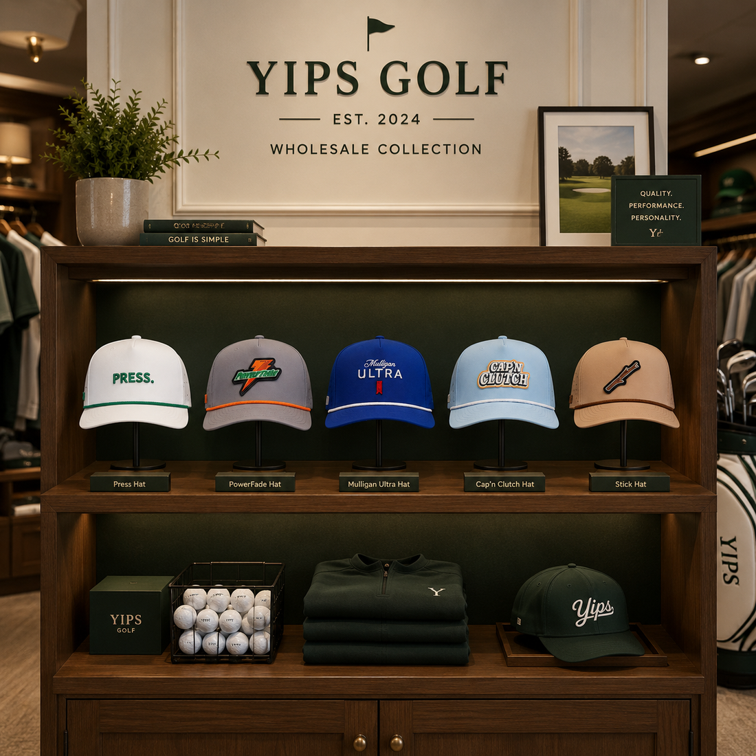 Yips hats inside a golf shop